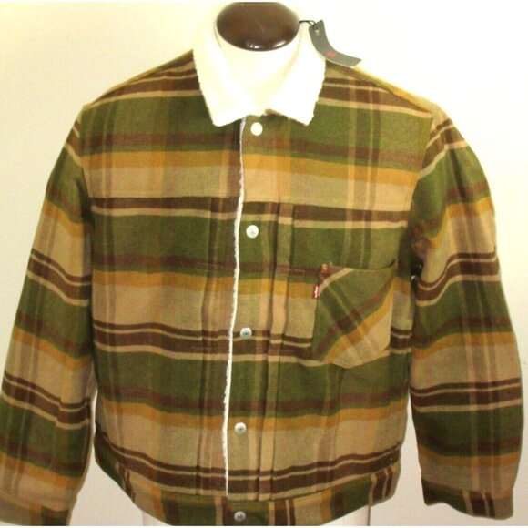 Levi's Strauss Men's Brown Plaid Sherpa Lined Classic Trucker Jacket NWT - Picture 1 of 9